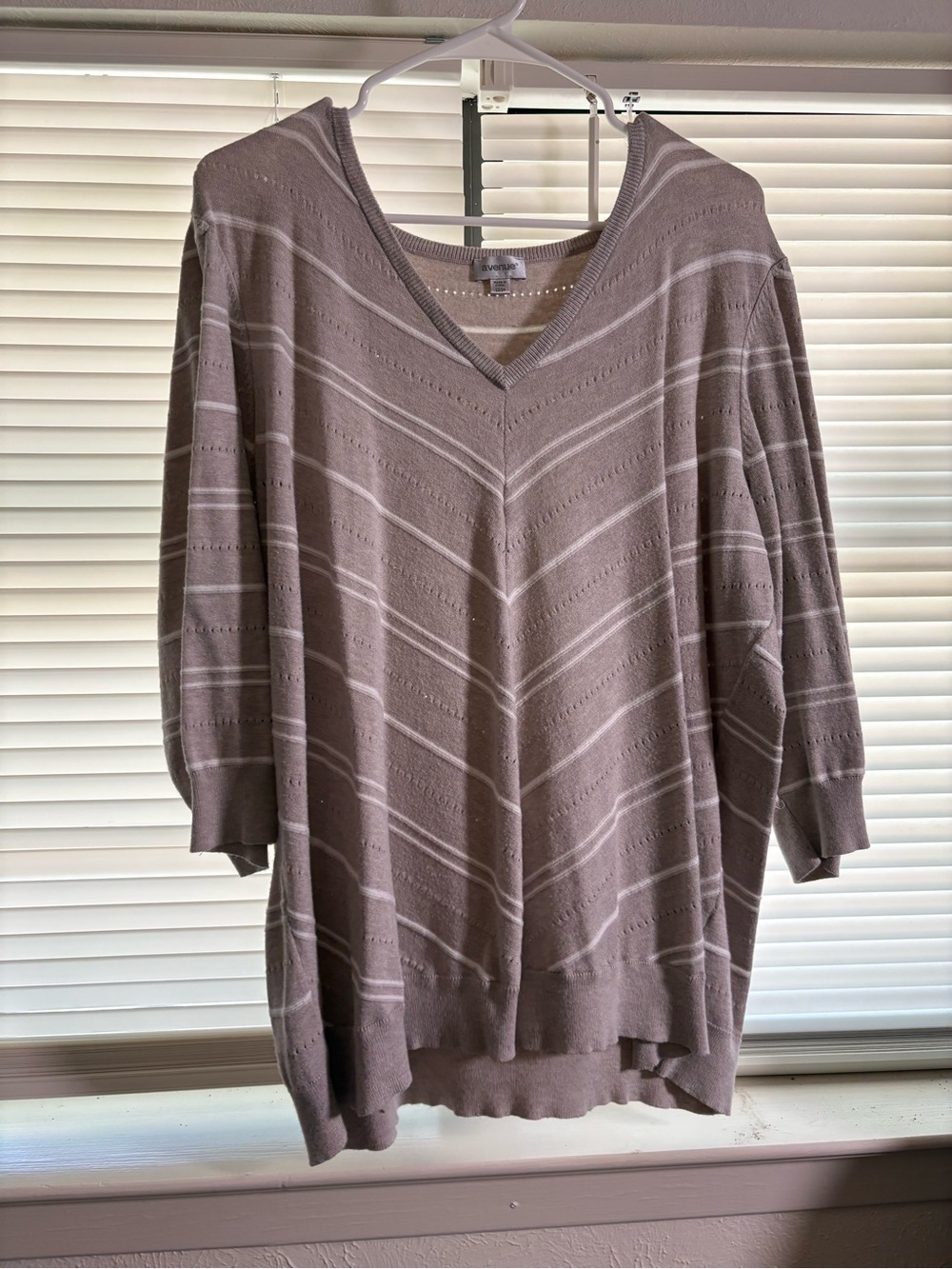 Avenue Taupe and White Striped V‑Neck Sweater